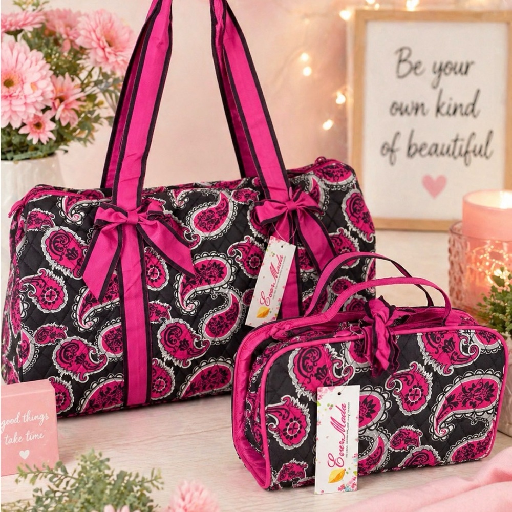 Quilted Pink Paisley Travel Bag Set - Women's Carryall and Organizer